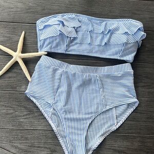 Blue and White Strapless High Waisted Bikini Set Sz M